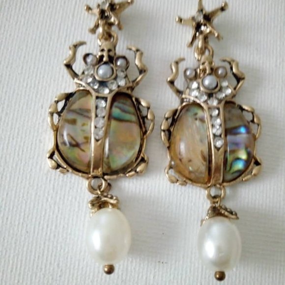 Source Unknown Jewelry - Abalone Shell Scarab Beetle Earrings Crystal Faux Pearl Egypt pendant Drop